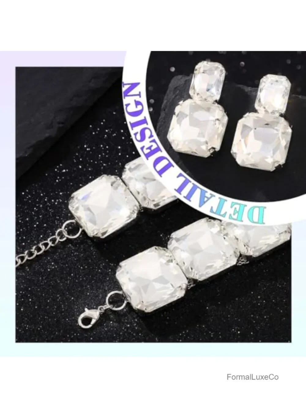 Rhinestone Choker Necklace and Earrings Set Silver Bling Crystal Statement Prom
